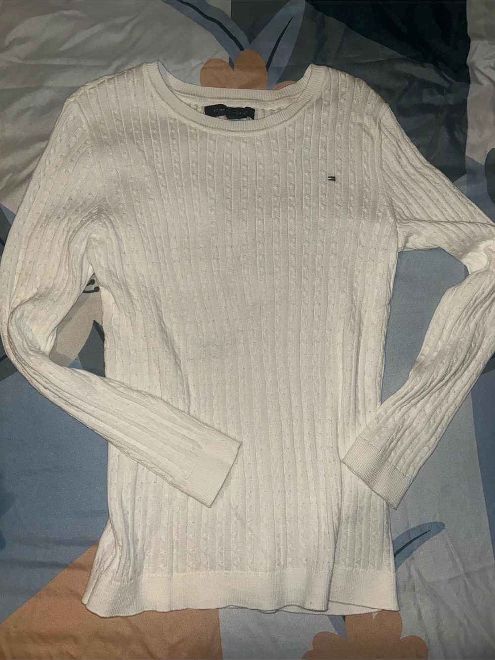 Tommy Hilfiger White Cable-Knit Crewneck Sweater